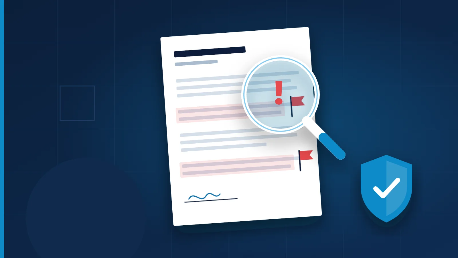 Illustration of a publishing contract under a magnifying glass with red flags on risky clauses, next to a protective shield